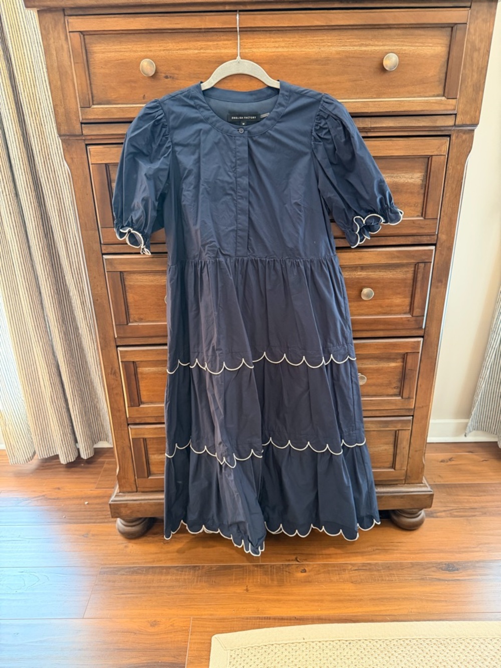 English Factory Midi Navy Dress with White Scallop Trim